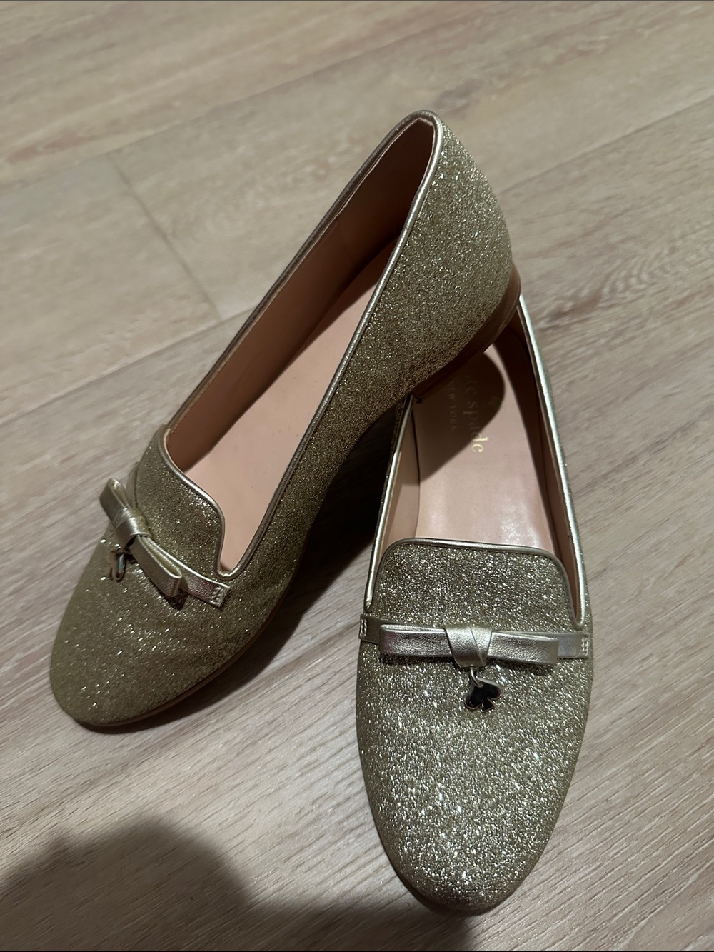 Kate Spade Georgia Metallic Gold Glitter Loafers with Bow Accent - Size 6